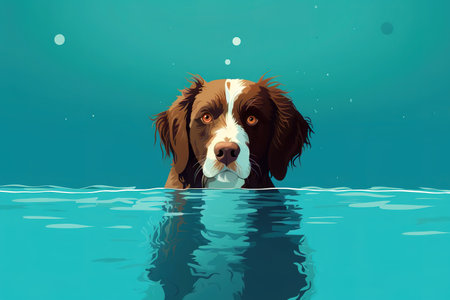 Illustration of dog swimming in the pool over blue background. Generative AIの素材