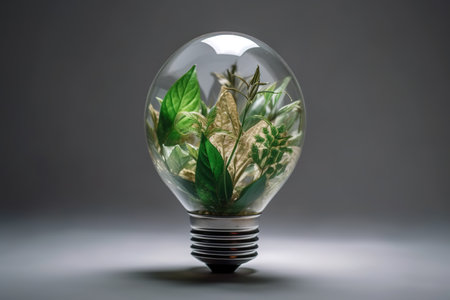 Light bulb recycled with small tiny plants inside over studio shot background. Generative AIの素材