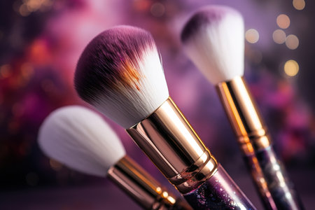 Close up shot of make up brushes over pink bokeh background. Generative AIの素材