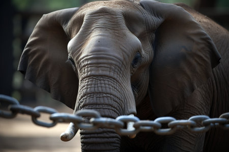 Sad elephant shot behind chain in the zoo. Generative AIの素材