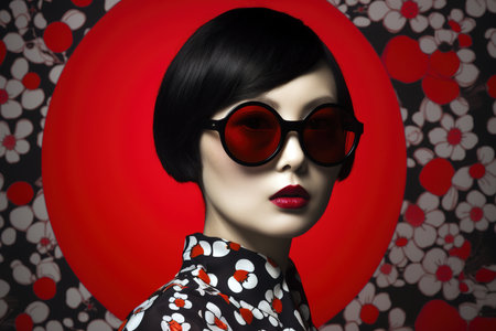 Magazine cover style of young Asian woman wearing stylish sunglasses over floral red background. Generative AIの素材