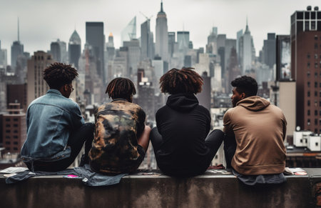 Back view of group of teen friends sitting on building roof admiring the amazing city landscape. Generative AIの素材