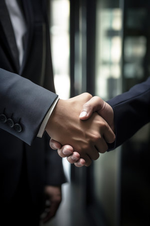 Business handshake between two unrecognizable men. Close up shot. Generative AI vertical shotの素材