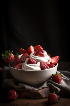 Bowl of fresh strawberries with whipped cream over dark background. Generative AI vertical shotの素材
