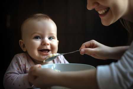 Adorable little baby girl having her first meal with mom. Dark background. Generative AIの素材