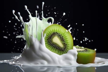 Kiwi yogurt with splash of milk over dark background. Kiwi yogurt conceptual banner. Generative AIの素材