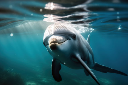 Cute dolphin swimming under water and looking at camera. Generative AIの素材