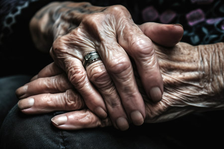 Close up shot of elderly people holding each others hands. Unrecognizable people. Generative AIの素材