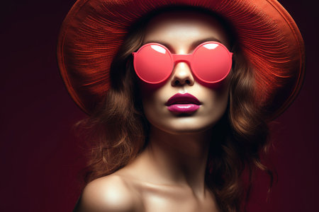 Front view shot of stylish woman wearing modern sunglasses over red background. Magazine cover studio shot style. Generative AIの素材