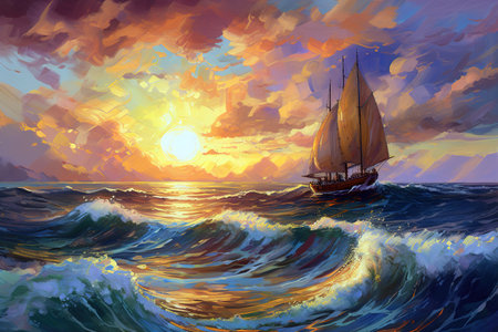 Oil painting of vibrant sunset with boat floating in the middle of the ocean. Generative AIの素材
