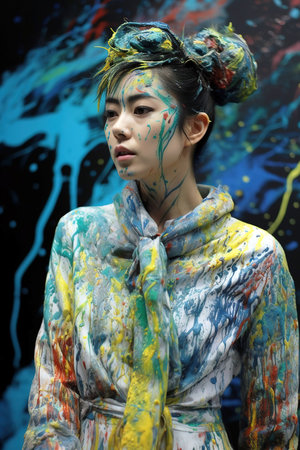 Abstract art photo shot of Asian woman covered in splatters in paint. Generative AI vertical illustrationの素材