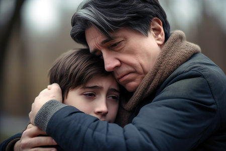 Sad portrait of sad father embracing his son outdoors. Tragedies in family and support concept. Generative AIの素材
