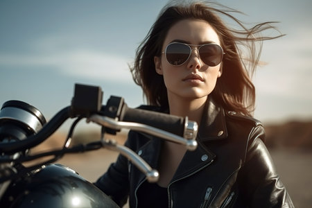 Beautiful young woman wearing leather jacket and sunglasses riding her motorbike. Generative AIの素材