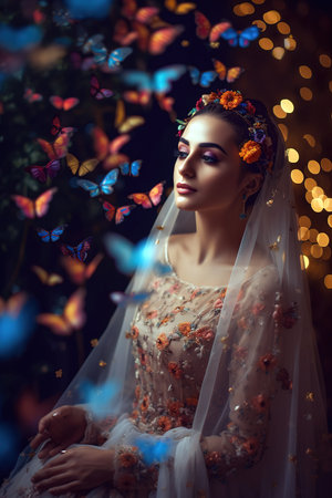 Young beautiful woman wearing wedding dress surrounded by colorful butterflies. Generative AI vertical shotの素材