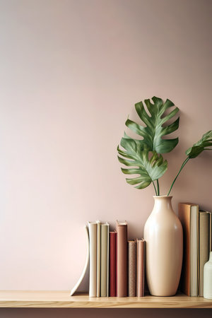 Vase with plant on wooden shelf with books on wall with copy space. Generative AI vertical shotの素材
