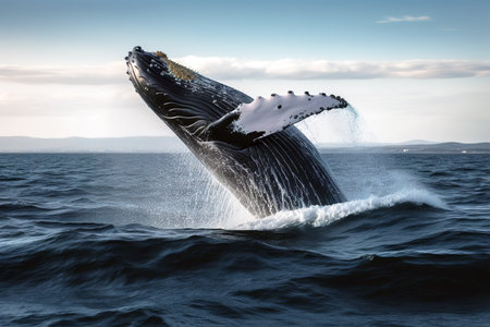Amazing shot of whale jumping in the ocean on a sunny day. Generative AIの素材