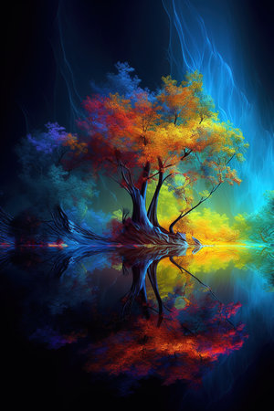 Colorful tree oil painting over dark background. Generative AI vertical illustrationの素材