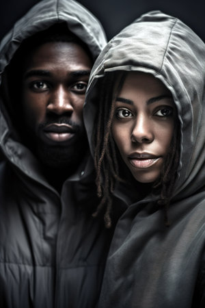 Portrait of African American couple wearing dark hoodies and looking serious at camera. Black background. Generative AI vertical shotの素材