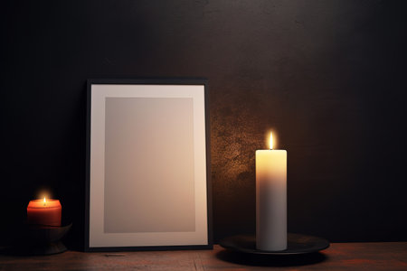 White frame in blank with copy space next to some candles on dark wall. Generative AIの素材