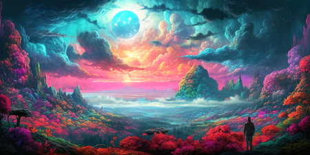 Surreal dreamy landscape of man admiring colorful mountain view over cloudy sky. Generative AI illustrationの素材