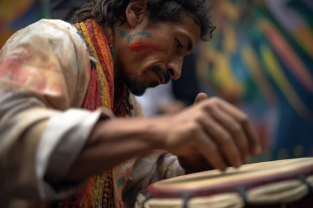 Close up shot of indigenous man playing Timpani drums. Generative AIの素材