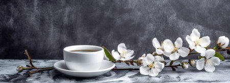 Cup of tea close up shot next to white cherry blossom flowers. Studio shot background. Generative AIの素材