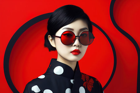 Magazine cover style photograph of young Asian woman wearing stylish sunglasses with kimono over red abstract background. Generative AIの素材
