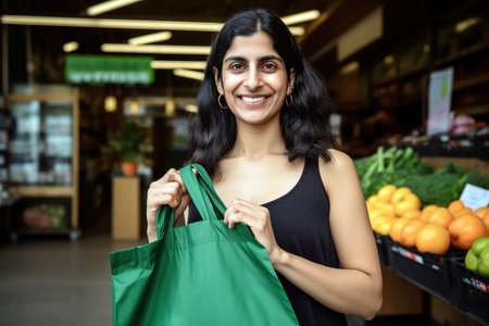 Eco friendly habits with young Indian woman holding reusable cloth bag outside the supermarket. Generative AIの素材