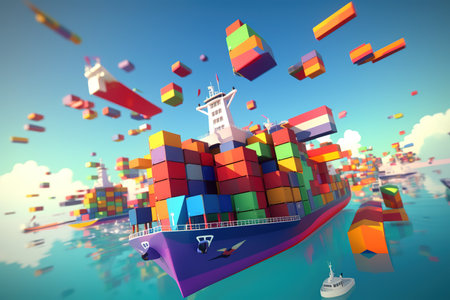 Colorful container ships flying in the sky 3D illustration. Generative AIの素材