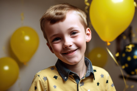 Portrait of young happy Caucasian boy at his Birthday party. Generative AIの素材