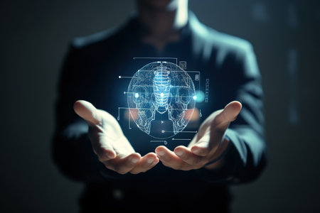 Male hands holding hologram of human brain circuits. Generative AIの素材