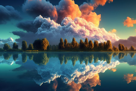 Stunning cloudscape of reflecting lake by the forest. Generative AIの素材