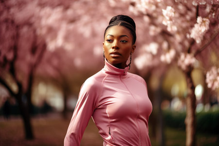 Young African American woman wearing pink active wear with beautiful cherry blossoms as background. Generative AIの素材