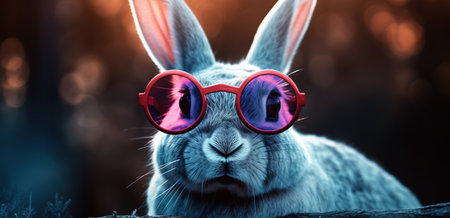 cool bunny wearing stylish sunglasses over bokeh light background. Generative AIの素材