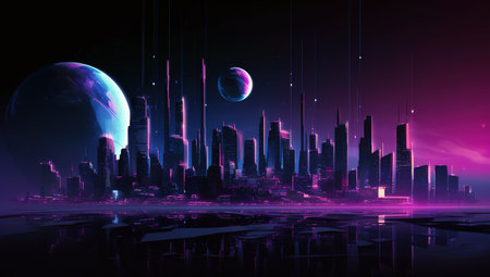 Futuristic cityscape at night with purple and blue tones. Generative AI illustrationの素材