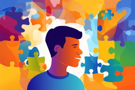 Autism flat design illustration with man head surrounded by colorful pieces of puzzles with copy space. Generative AIの素材