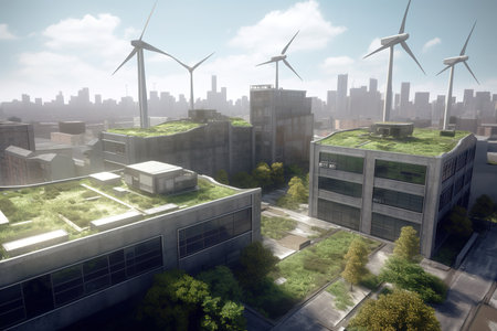 Eco buildings with wind turbines, trees and solar panels on the roof. Generative AIの素材