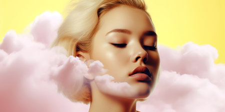 Woman face over pink clouds. Abstract conceptual portrait. Yellow background. Generative AI illustrationの素材
