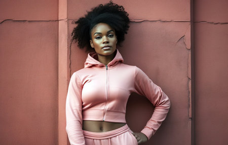 Beautiful African American woman wearing pink sportswear posing over pink street wall. Generative AIの素材