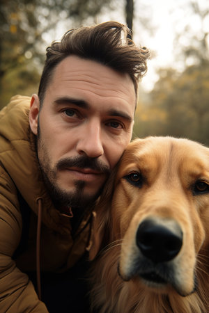 Man selfie portrait with his Golden Retriever dog. Park as background. Generative AI vertical shotの素材