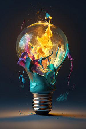 3D illustration of light bulb pouring colorful paint splatters. Generative AI vertical illustrationの素材