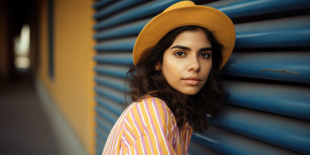 Street photography portrait of young Hispanic woman looking at camera. Generative AIの素材