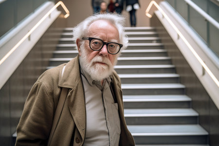 Portrait of senior man in front of shopping mall stairs. Generative AIの素材