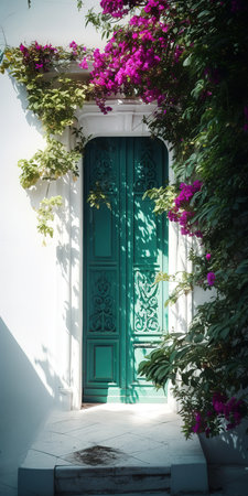 Retro vintage European style door surrounded by beautiful bushes and flowers. Generative AI vertical shotの素材