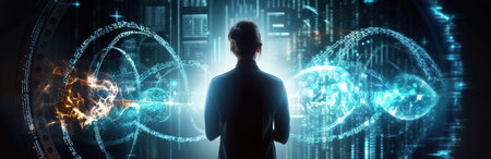Back view of business woman standing in front of big technological hologram screen. Generative AIの素材