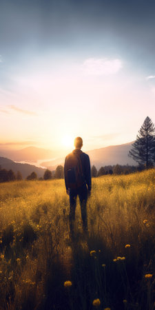 Silhouette of man exploring rural area under beautiful light of sunset sunbeam. Generative AI vertical shotの素材