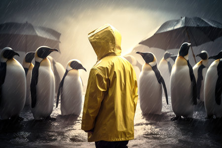 Person with yellow rain coat surrounded by penguins. Generative AI illustrationの素材
