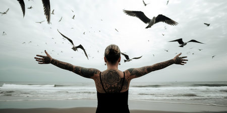 Back view of young tattooed woman with open arms in front of the beach with sea birds flying around. Generative AIの素材