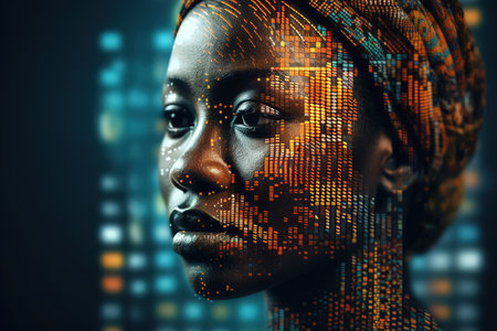 Pixelated profile side view of African American woman over dark background. Generative AIの素材