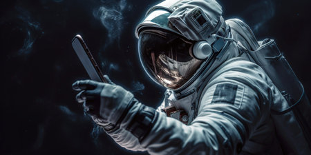 Astronaut floating in the outer space using smartphone. Generative AI illustrationの素材